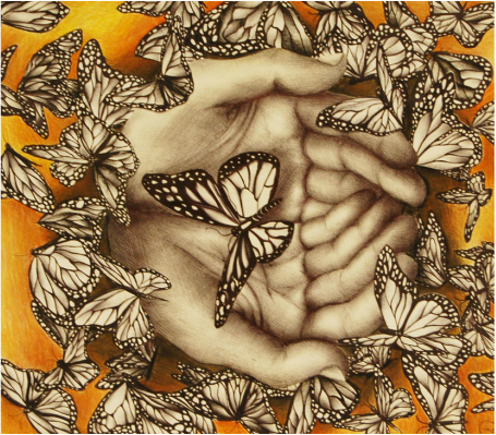 illustration of hands holding butterflies