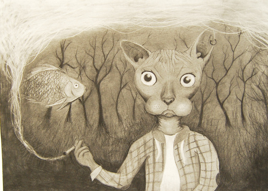 drawing of cat with cigarette and smoke over fish
