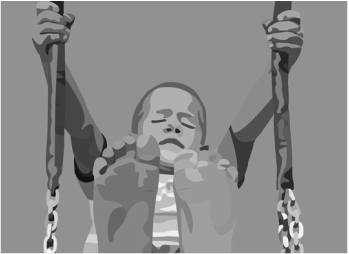 black and white image of boy on swing